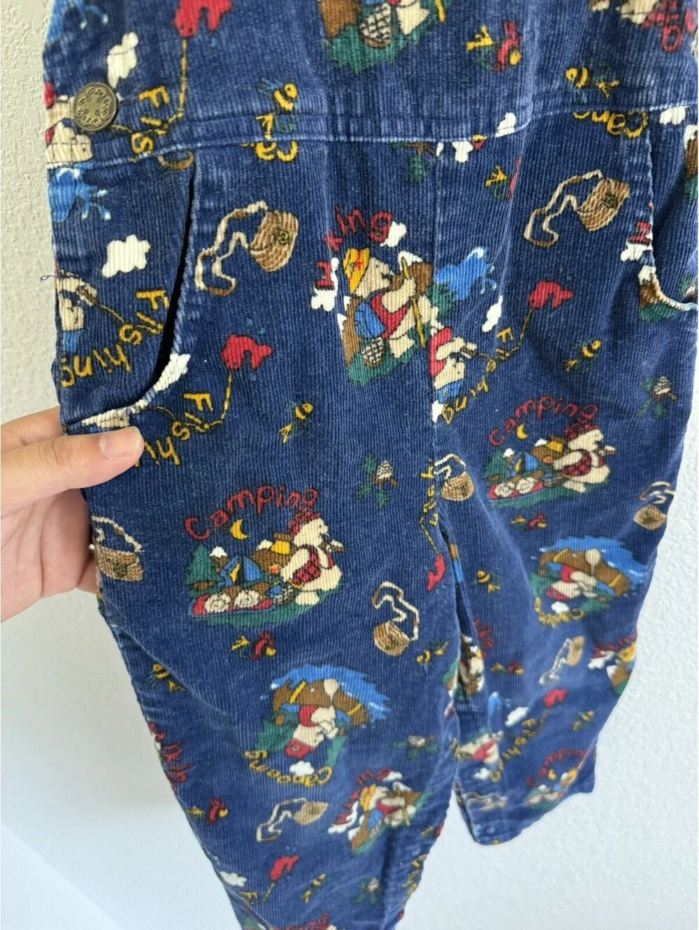 OshKosh B'gosh Vintage Corduroy‎ Overalls Kids 4T Blue Camping Fishing Bear USA